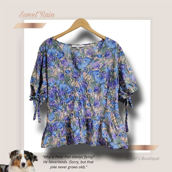 🌿Sweet Rain Women's 2XL Cotton Blue Purple Tan Puff Sleeve Floral Top - Picture 11 of 12